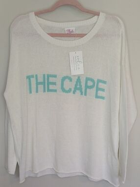 PINK PINEAPPLE NWT White Knit Sweater with Turquoise "THE CAPE" Text $120 RETAIL